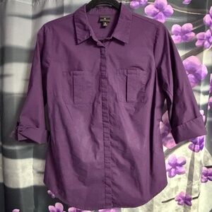 Plum purple button up 3/4 sleeve shirt (medium)